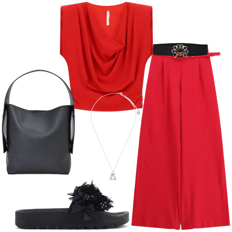 Outfit donna - Rosso fuoco. Stile Casual chic per Tutti i giorni. Abbinamento con ciondoli, borse a spalla, cinture, pantaloni a palazzo, top, ciabatte.