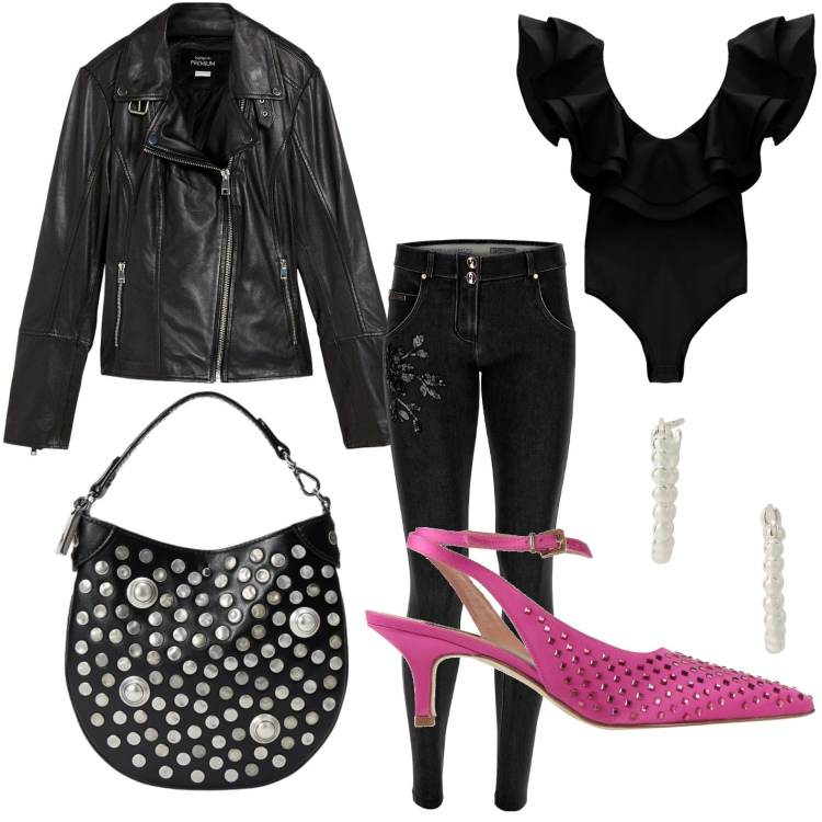 Outfit donna - Top con volant. Stile Casual chic per Serata fuori. Abbinamento con décolleté, giacche, top, jeans skinny, orecchini, borse a mano.