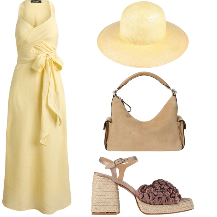 Outfit donna - Look solare. Stile Chic per Tutti i giorni. Abbinamento con cappelli, espadrillas, borse a spalla, vestiti lunghi.