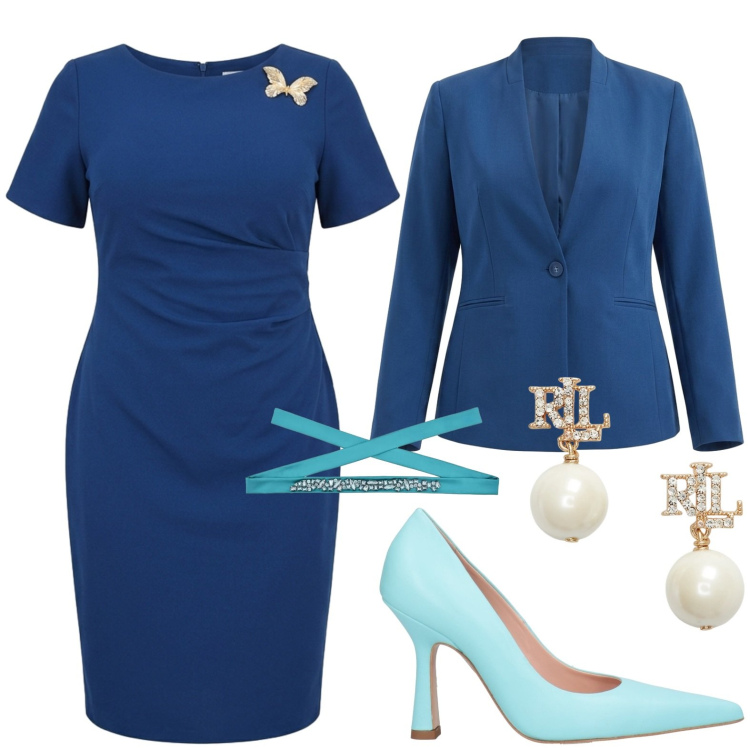 Outfit donna - Chic. Stile Chic per Cerimonia. Abbinamento con décolleté, vestiti a tubino, cinture, blazer, orecchini.