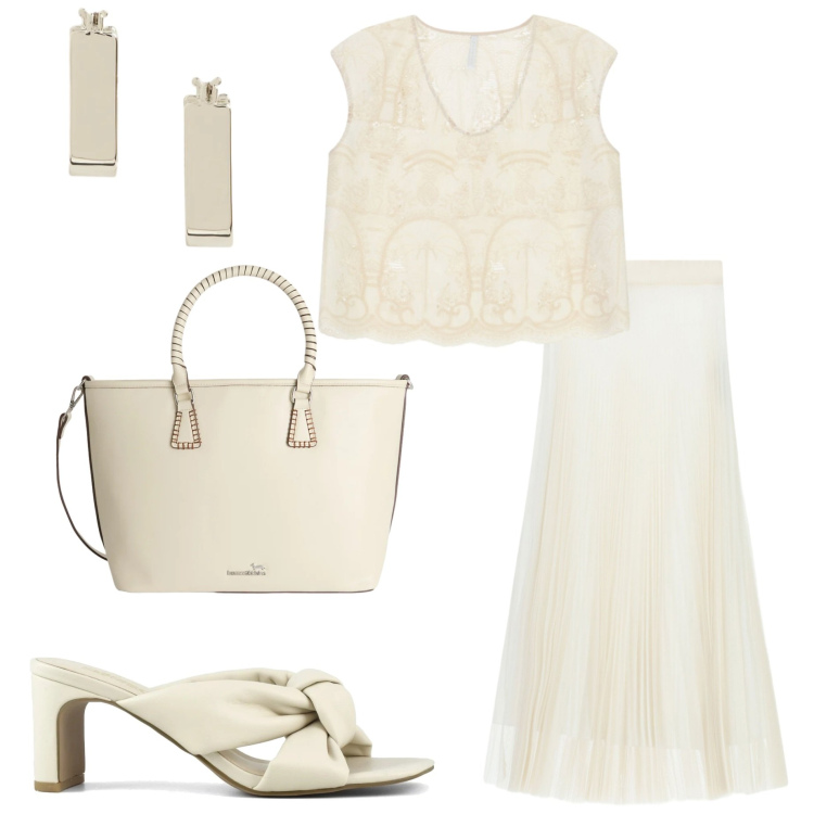 Outfit donna - Bianco d\'estate. Stile Chic per Serata fuori. Abbinamento con shopping bag, orecchini, gonne lunghe, top, sandali col tacco.