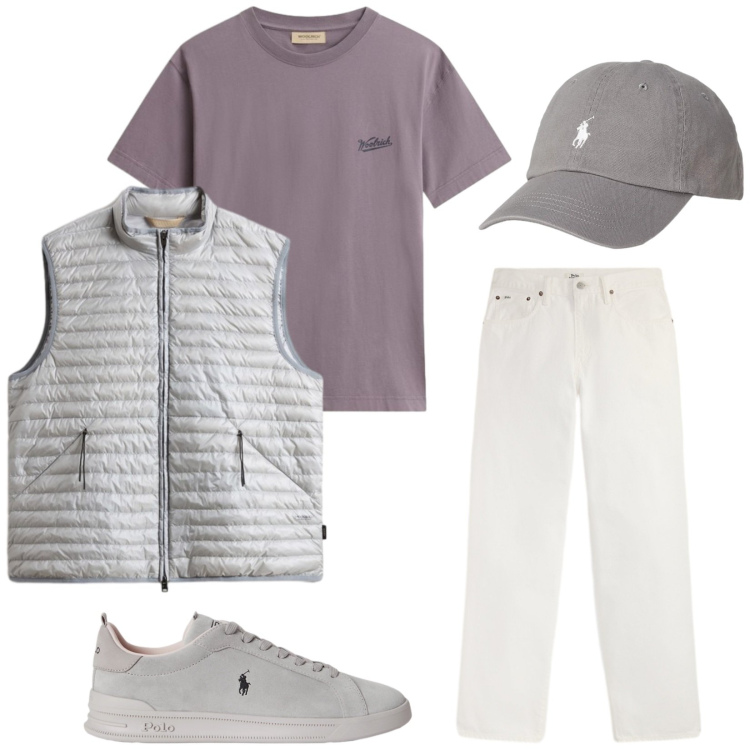 Outfit uomo - Total look #2435676. Stile Trendy per Tutti i giorni. Abbinamento con piumini, t-shirt, jeans, sneakers, cappelli con visiera.
