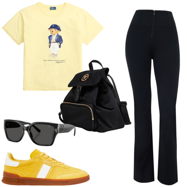 Outfit donna - Total look #2435677. Stile Sporty chic per Tutti i giorni. Abbinamento con zaini, pantaloni, sneakers, occhiali da sole, t-shirt.