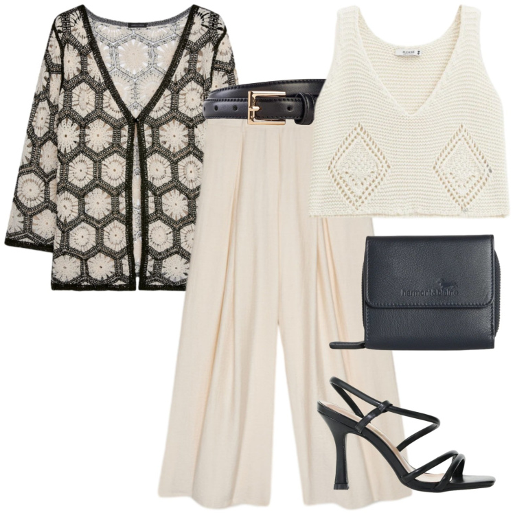 Outfit donna - Bianco e nero. Stile Casual chic per Serata fuori. Abbinamento con cinture, portafogli, cardigans, pantaloni a palazzo, top, sandali col tacco.