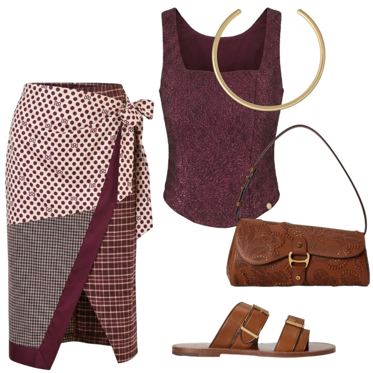 Outfit donna - Una gonna speciale. Stile Casual chic per Tutti i giorni. Abbinamento con sandali in pelle, borse a spalla, collane, gonne longuette, top.