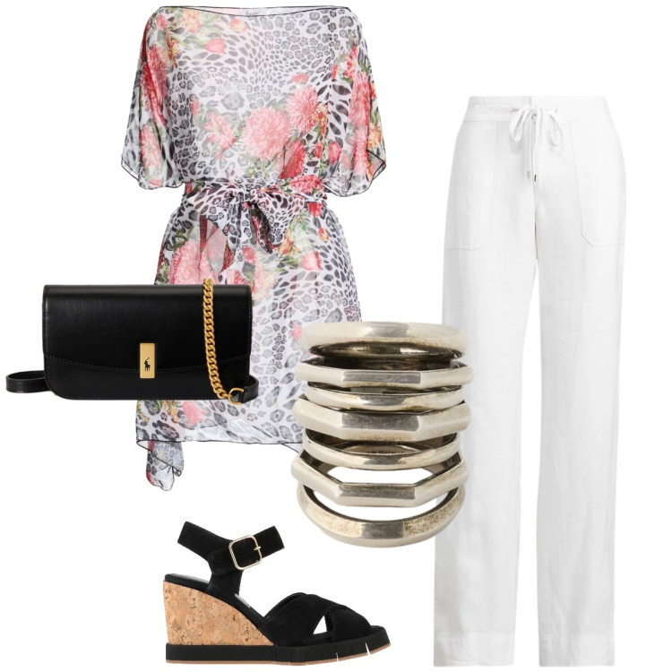 Outfit donna - Total look #2435686. Stile Casual chic per Serata fuori. Abbinamento con top, sandali in pelle, pantaloni, clutch, anelli.