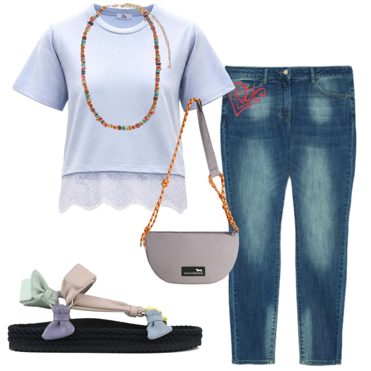 Outfit donna - Casual. Stile Casual per Tutti i giorni. Abbinamento con t-shirt, borse a tracolla, collane, jeans skinny, sandali.