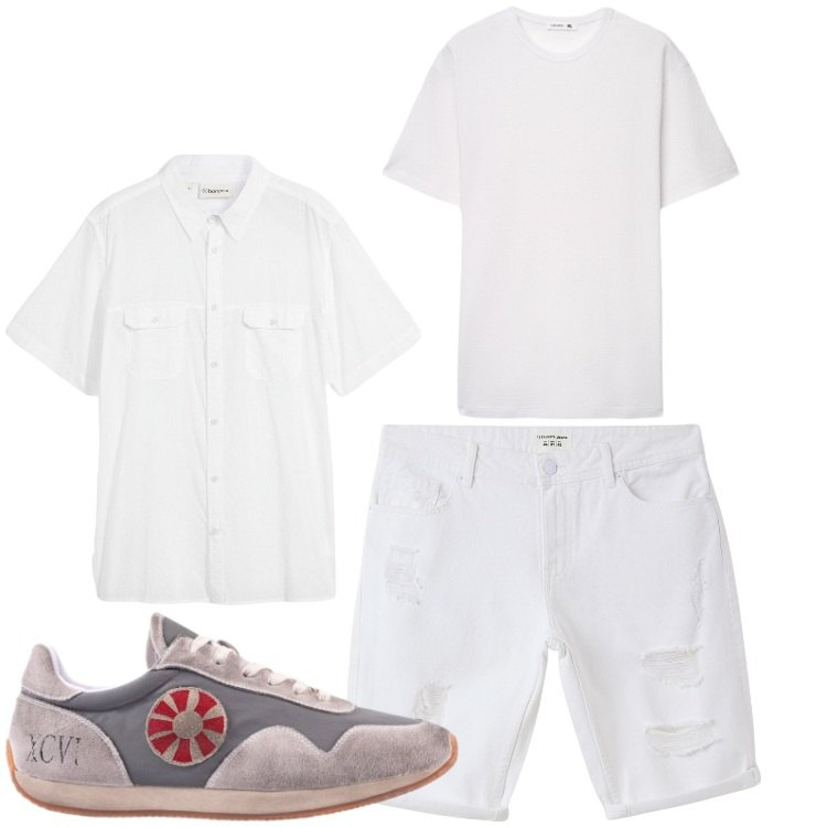 Outfit uomo - Estate bianca. Stile Casual per Tutti i giorni. Abbinamento con camicie a manica corta, t-shirt, bermuda, sneakers.