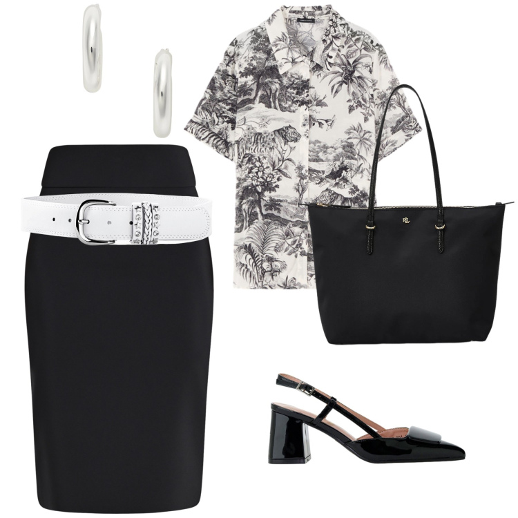 Outfit donna - Ufficio…bianconero ;-). Stile Bon Ton per Ufficio. Abbinamento con cinture, gonne longuette, décolleté, camicie a manica corta, borse tote, orecchini.