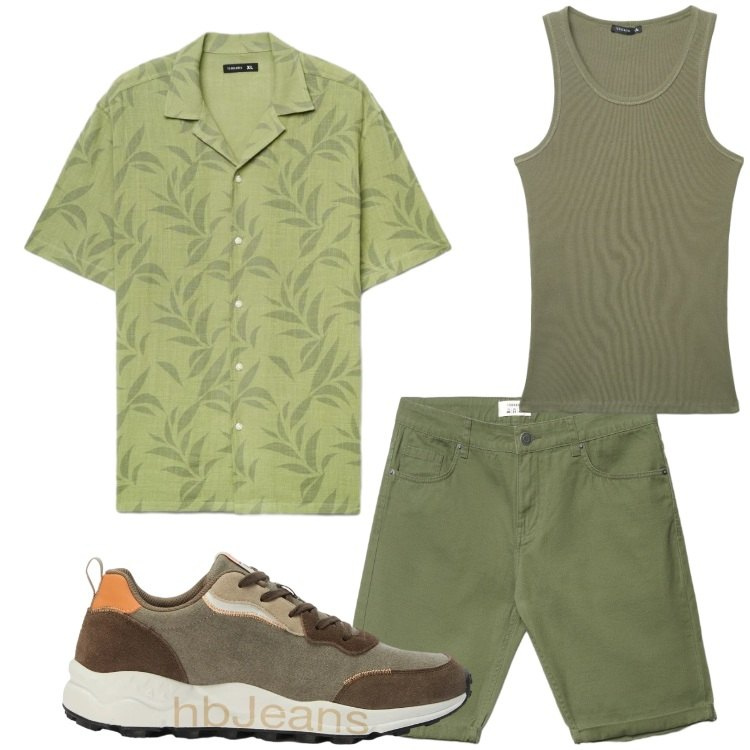 Outfit uomo - Verde tropical. Stile Casual per Tutti i giorni. Abbinamento con sneakers, canottiere, bermuda, camicie a manica corta.