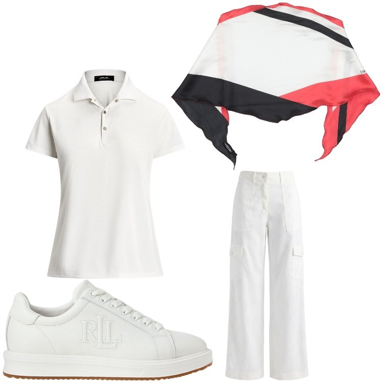 Outfit donna - Bianco Wimbledon. Stile Casual chic per Tutti i giorni. Abbinamento con stole, pantaloni cargo, sneakers, polo.
