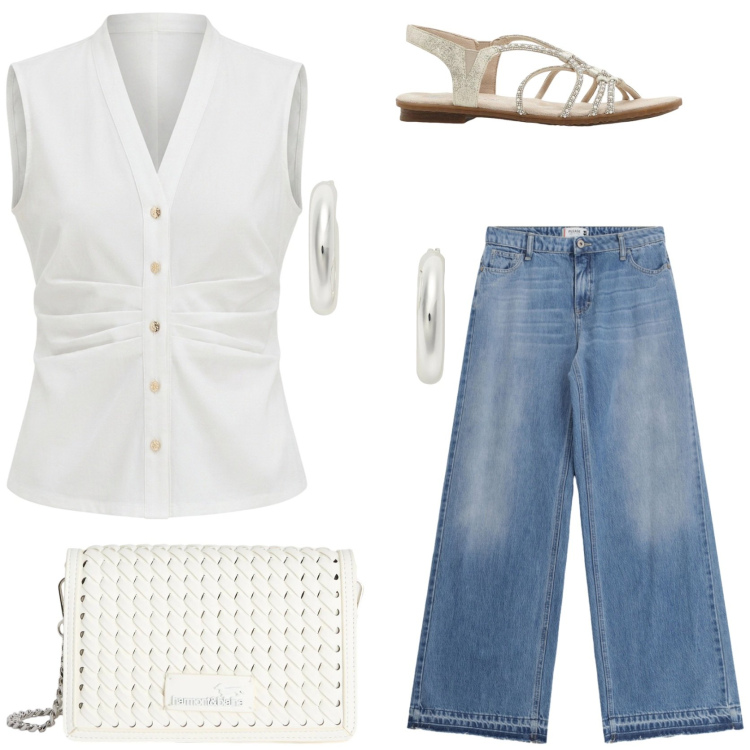 Outfit donna - Shic in vacanza. Stile Chic per Tutti i giorni. Abbinamento con sandali, borse a tracolla, jeans, orecchini, camicie a manica corta.