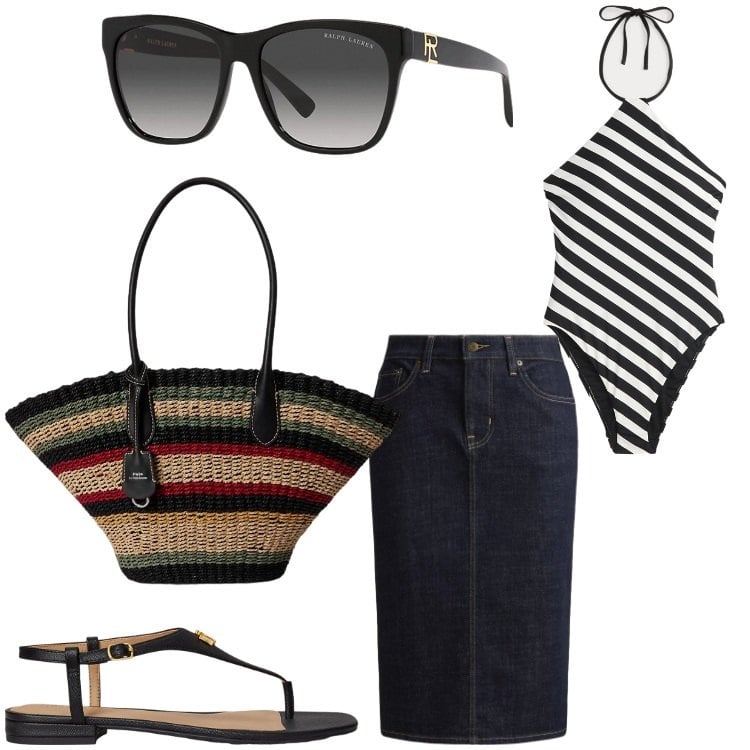 Outfit donna - Swimjeans. Stile Casual chic per Mare. Abbinamento con occhiali da sole, costumi interi, gonne, borse tote, sandali in pelle.