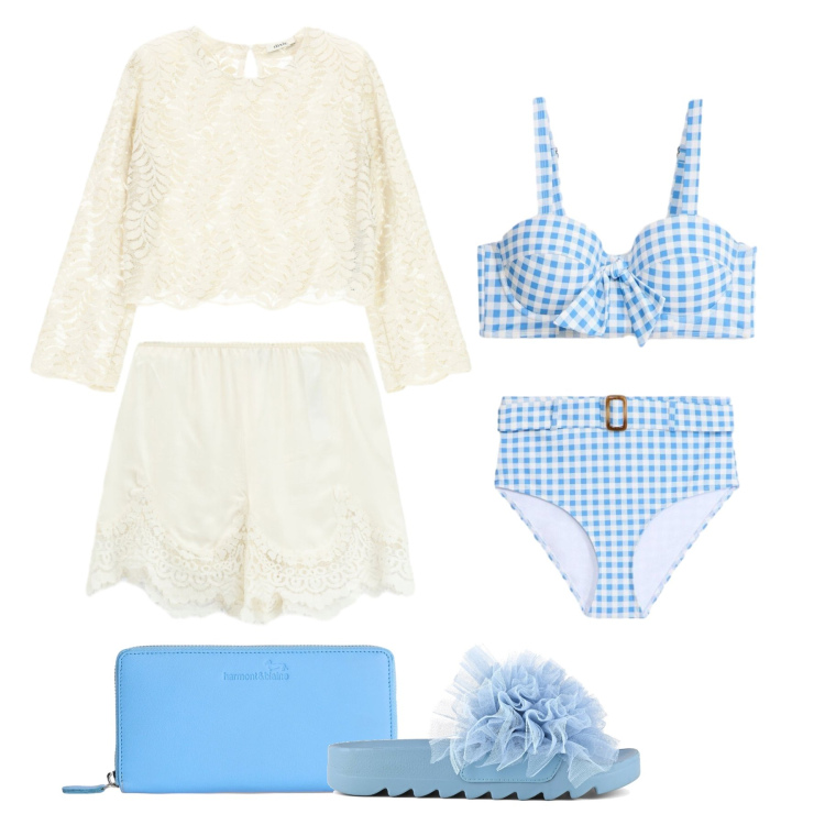 Outfit donna - Quadretti vichy in spiaggia. Stile Romantica per Mare. Abbinamento con bikini, portafogli, shorts, top, ciabatte.