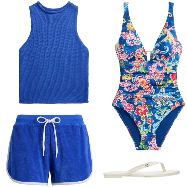 Outfit donna - Chic in spiaggia. Stile Sporty chic per Mare. Abbinamento con costumi interi, bermuda, canottiere, ciabatte.