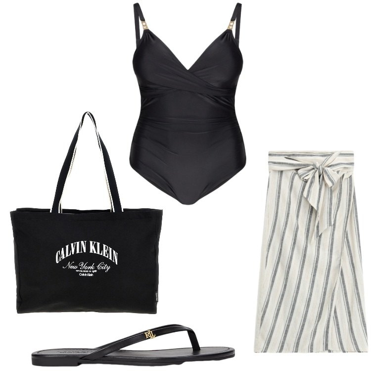 Outfit donna - Al mare. Stile Casual chic per Mare. Abbinamento con costumi interi, ciabatte, gonne longuette, borse a spalla.