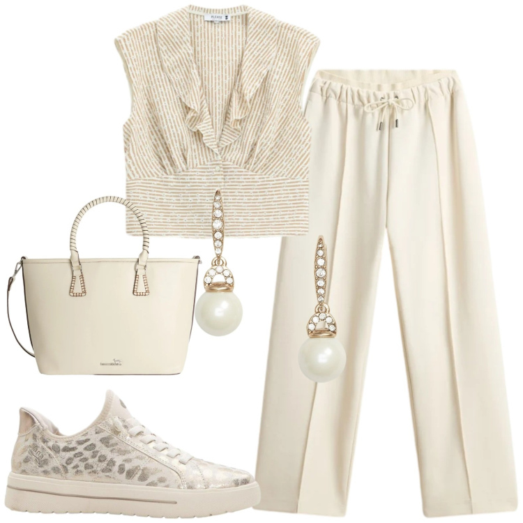 Outfit donna - Chic sport. Stile Sporty chic per Tutti i giorni. Abbinamento con sneakers, camicie, shopping bag, orecchini, pantaloni.