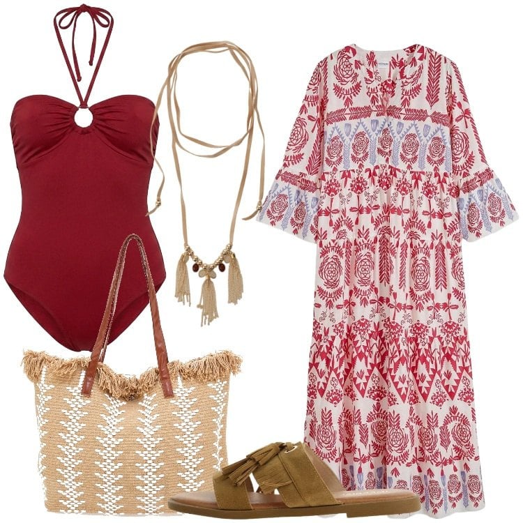 Outfit donna - Sun, Swim & Style. Stile Boho per Mare. Abbinamento con vestiti lunghi, sandali, collane, costumi interi, borse a mano.