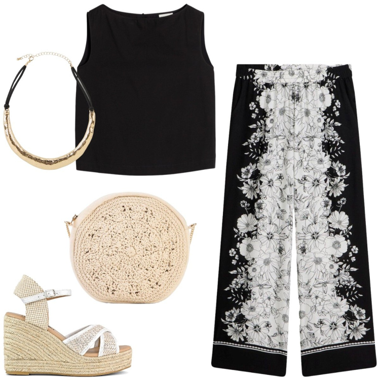 Outfit donna - Total look #2435705. Stile Boho per Serata fuori. Abbinamento con pantaloni a palazzo, top, borse a tracolla, collane, zeppe.
