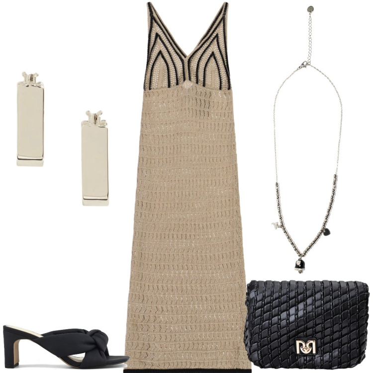 Outfit donna - Total look #2435707. Stile Trendy per Serata fuori. Abbinamento con borse a tracolla, vestiti midi/longuette, ciondoli, orecchini, sandali col tacco.