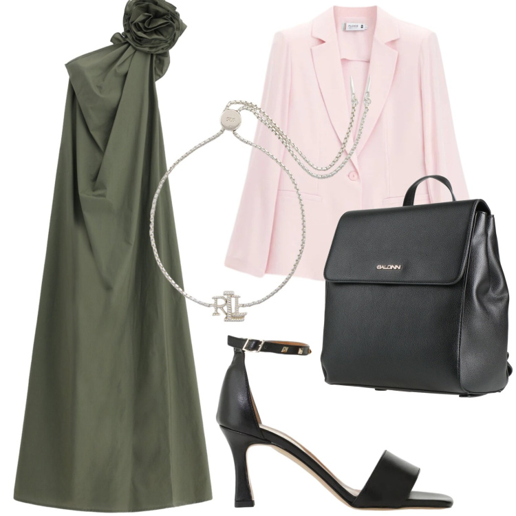 Outfit donna - Guardaroba chic. Stile Glamour per Serata fuori. Abbinamento con zaini, sandali col tacco, vestiti lunghi, blazer, braccialetti.