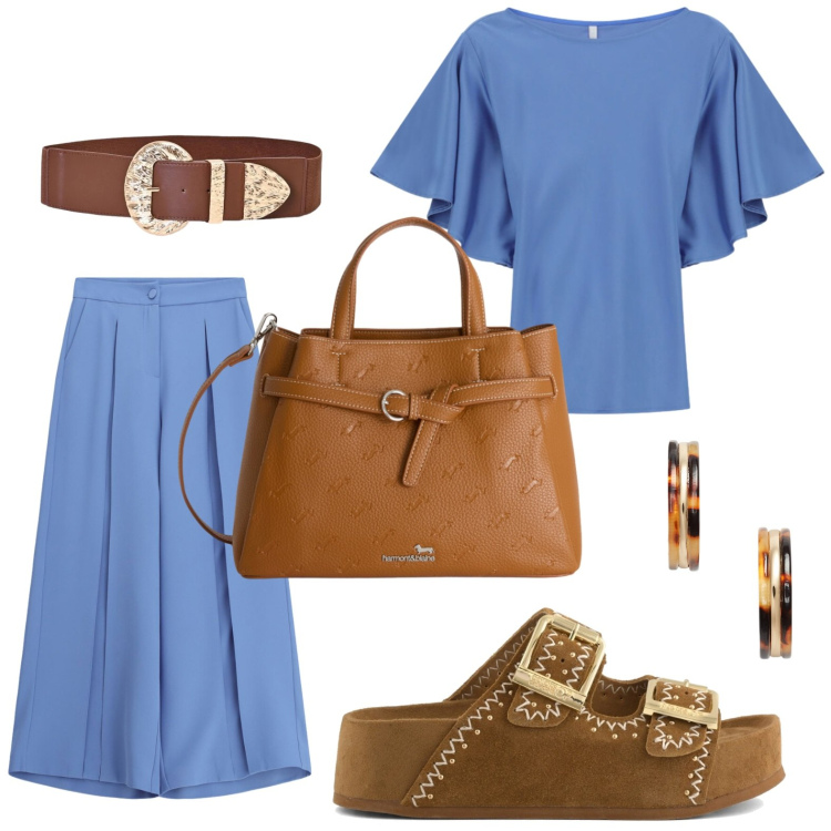 Outfit donna - Linee morbide. Stile Casual per Serata fuori. Abbinamento con borse a mano, orecchini, cinture, pantaloni a palazzo, t-shirt, zeppe.