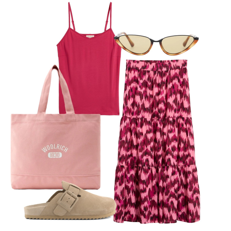 Outfit donna - Luglio. Stile Trendy per Tutti i giorni. Abbinamento con top, gonne lunghe, occhiali da sole, borse tote, sabot.