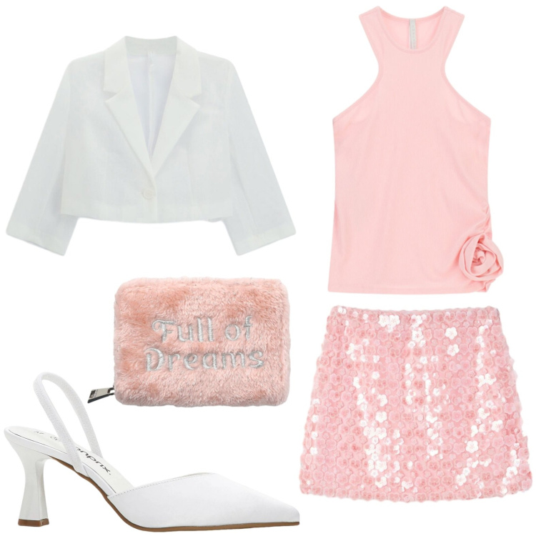 Outfit donna - Paillettes rosa. Stile Chic per Serata fuori. Abbinamento con décolleté, minigonne, portafogli, blazer, top.