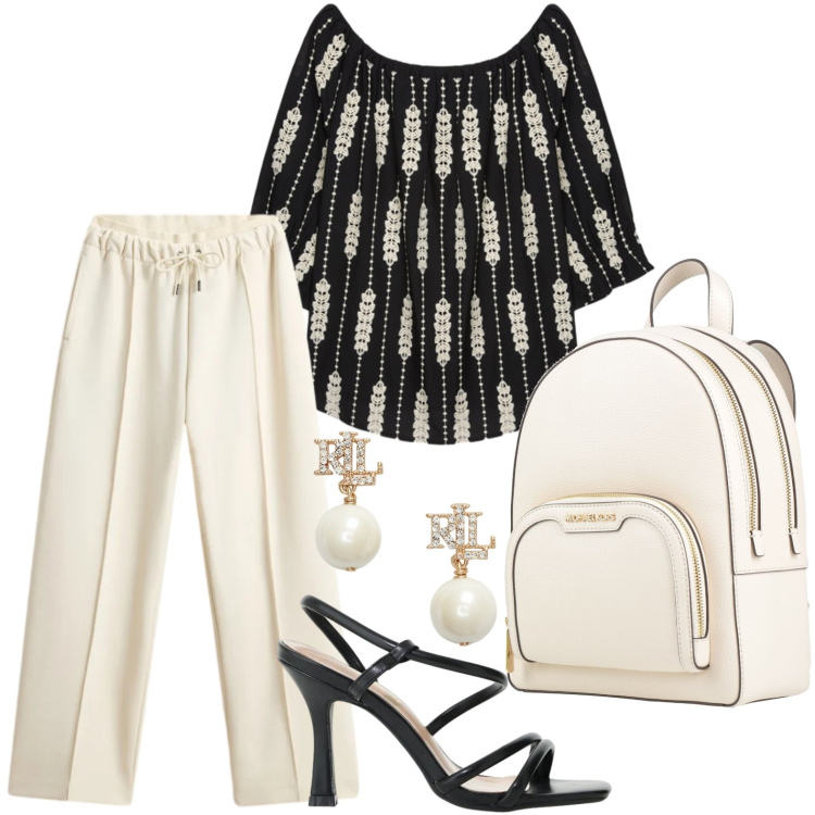 Outfit donna - Blusa ricamata. Stile Glamour per Serata fuori. Abbinamento con zaini, sandali col tacco, bluse, orecchini, pantaloni.