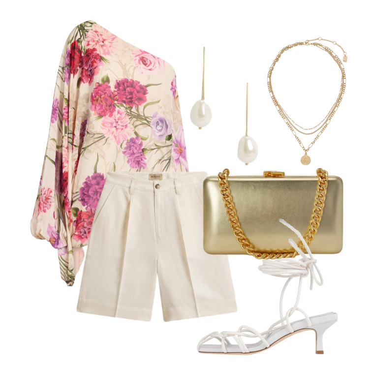 Outfit donna - Luglio. Stile Glamour per Serata fuori. Abbinamento con top, sandali col tacco, clutch, orecchini, ciondoli, pantaloni corti.