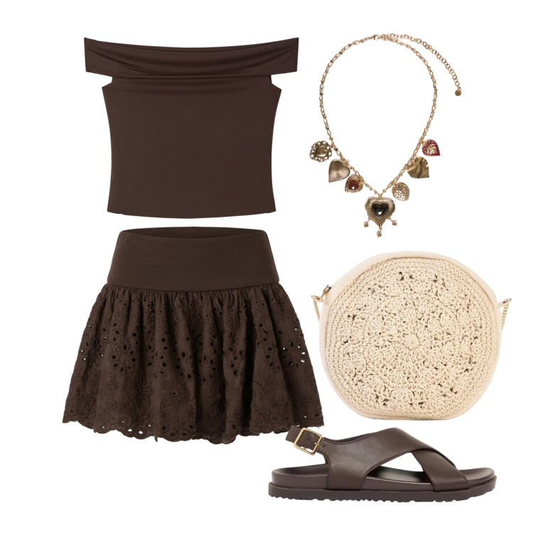 Outfit donna - Luglio. Stile Casual chic per Tutti i giorni. Abbinamento con borse a tracolla, sandali in pelle, minigonne, top, collane.