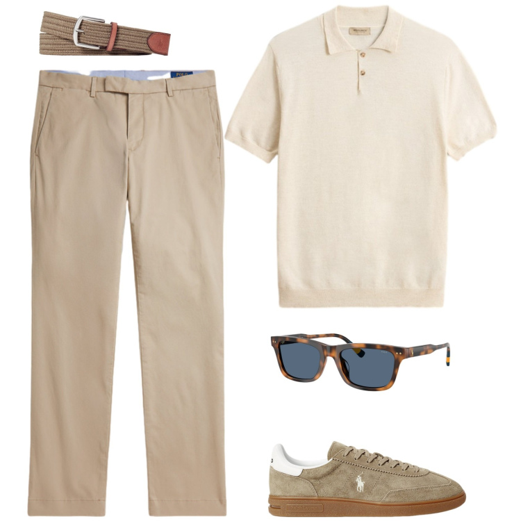 Outfit uomo - Beige e kaki. Stile Trendy per Ufficio. Abbinamento con polo, cinture, sneakers, occhiali da sole, pantaloni chino.