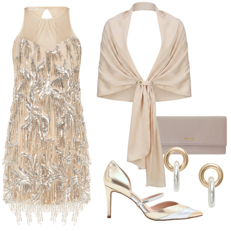 Outfit donna - Ricami di luce. Stile Chic per Cerimonia. Abbinamento con vestiti corti, stole, décolleté, portafogli, orecchini.