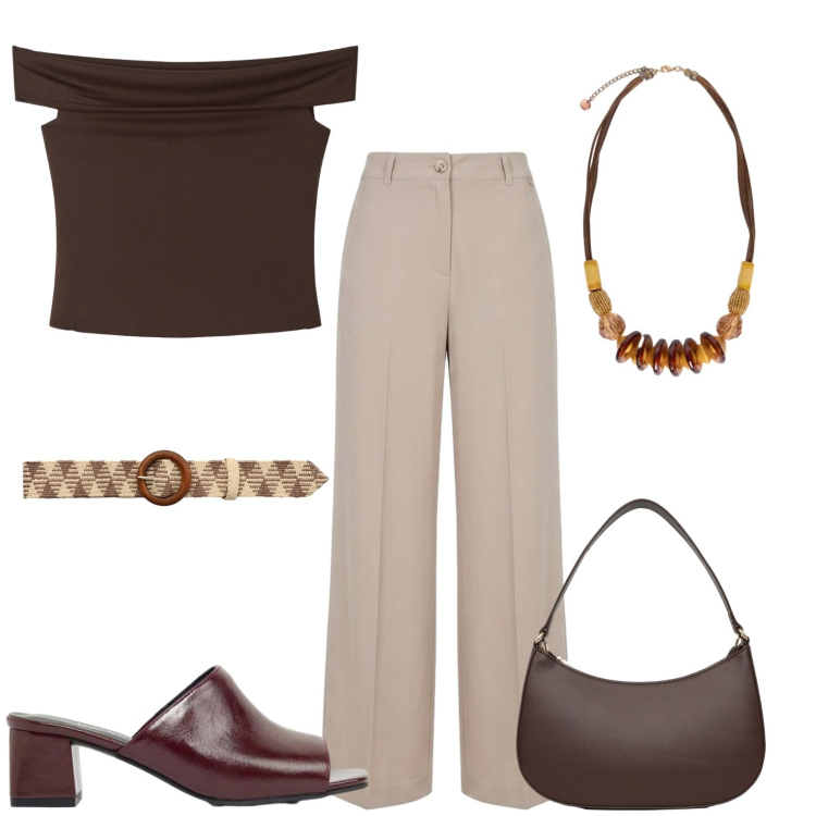 Outfit donna - Tutti i giorni glam. Stile Casual per Tutti i giorni. Abbinamento con ciabatte, cinture, top, borse a tracolla, pantaloni a palazzo, collane.
