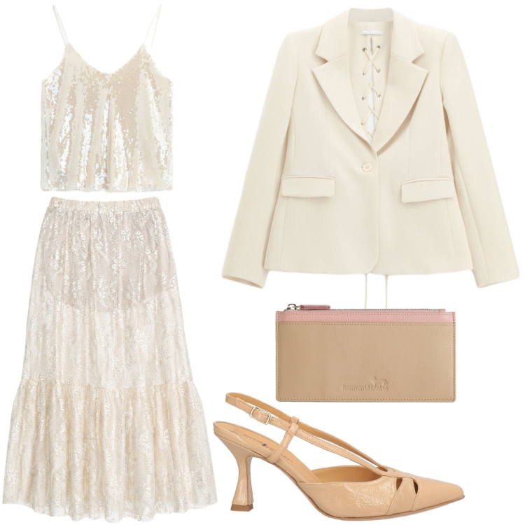 Outfit donna - Look ice white. Stile Boho per Serata fuori. Abbinamento con décolleté, gonne lunghe, portafogli, blazer, top.