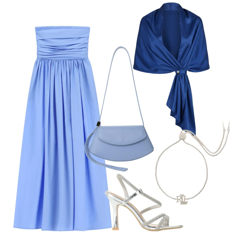 Outfit donna - Aperitivo d\'estate - Focus Donna Curvy. Stile Chic per Serata fuori. Abbinamento con stole, vestiti midi/longuette, sandali col tacco, borse a spalla, braccialetti.