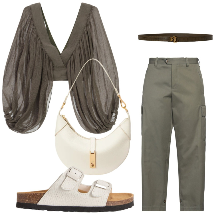 Outfit donna - Trasparenze leggere. Stile Chic per Serata fuori. Abbinamento con pantaloni cargo, top, borse a spalla, cinture, sandali in pelle.
