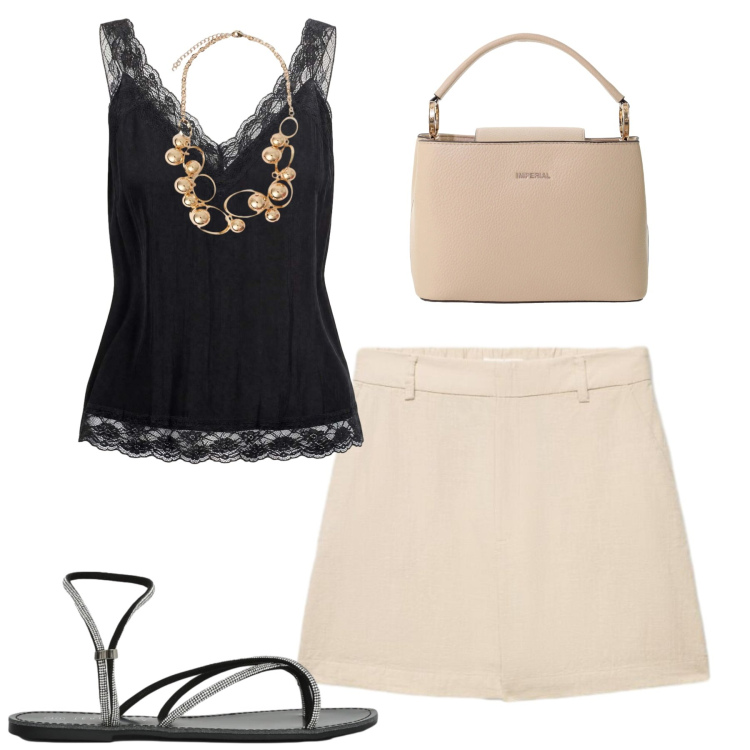 Outfit donna - Luglio. Stile Casual chic per Tutti i giorni. Abbinamento con canottiere, sandali, shorts, collane, borse a secchiello.