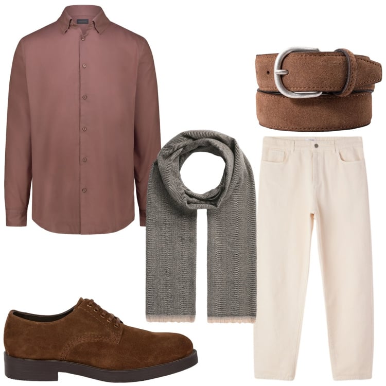 Outfit uomo - Casual contemporaneo. Stile Casual per Ufficio. Abbinamento con sciarpe, pantaloni, scarpe stringate, cinture, camicie.