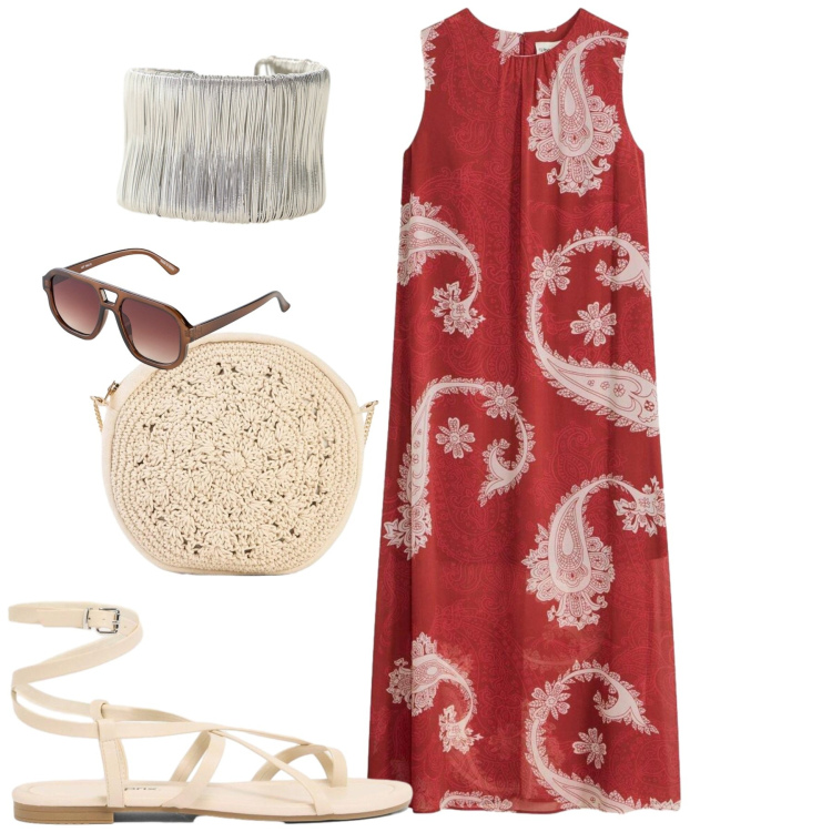 Outfit donna - Total look #2435731. Stile Casual chic per Tutti i giorni. Abbinamento con vestiti lunghi, borse a tracolla, occhiali da sole, sandali, braccialetti.
