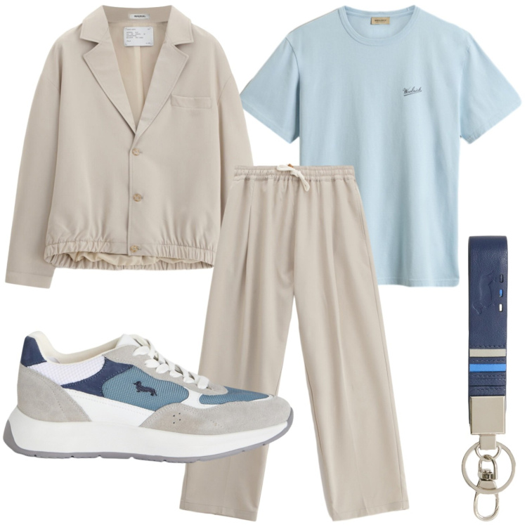 Outfit uomo - Easy luxury. Stile Casual per Ufficio. Abbinamento con sneakers, portachiavi, t-shirt, giacche, pantaloni.