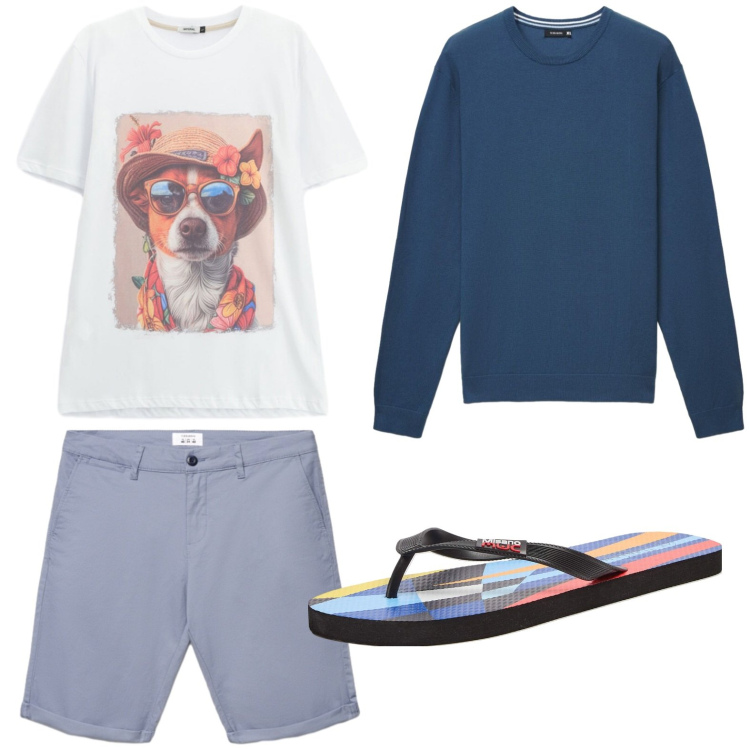 Outfit uomo - Armonia tra capi. Stile Casual per Tutti i giorni. Abbinamento con sandali, maglieria, shorts, t-shirt.