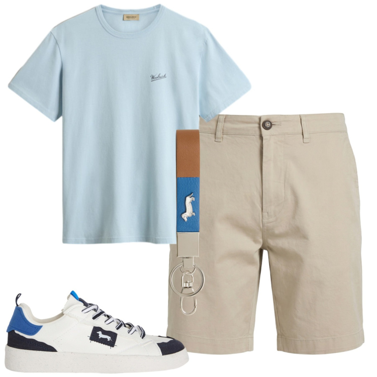 Outfit uomo - Luglio. Stile Casual per Tutti i giorni. Abbinamento con portachiavi, sneakers, bermuda, t-shirt.