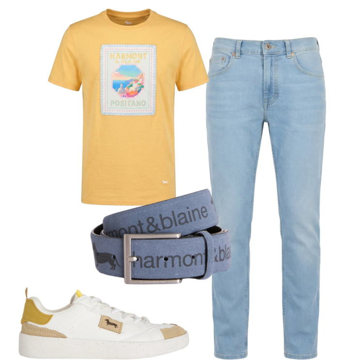 Outfit uomo - Luglio. Stile Casual per Tutti i giorni. Abbinamento con sneakers, cinture, jeans, t-shirt.