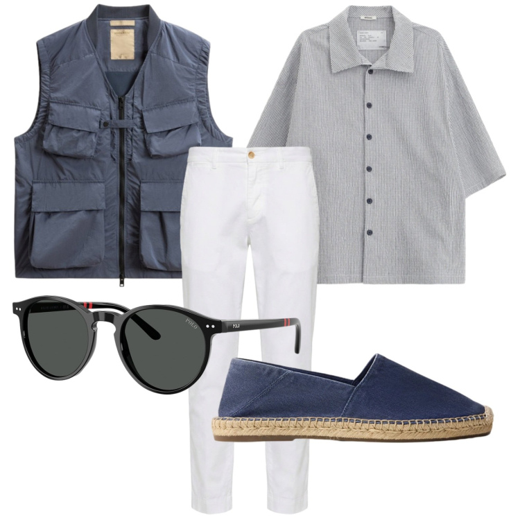 Outfit uomo - Estetica utility. Stile Casual per Tutti i giorni. Abbinamento con pantaloni chino, gilet, occhiali da sole, espadrillas, camicie a manica corta.