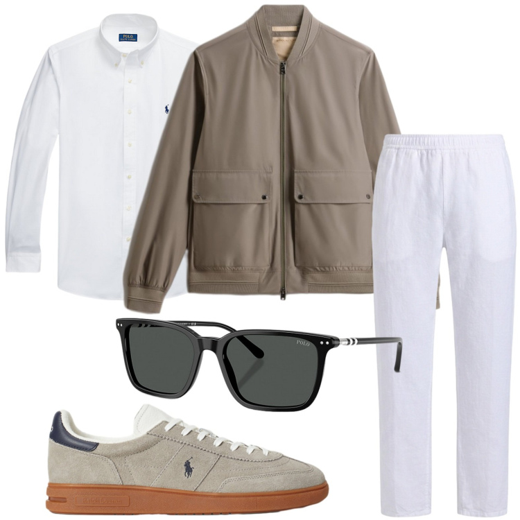 Outfit uomo - Naturale raffinatezza. Stile Casual per Tutti i giorni. Abbinamento con pantaloni, bomber, camicie, occhiali da sole, sneakers.