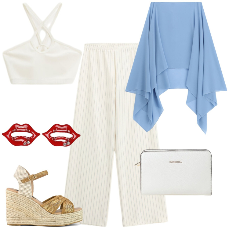 Outfit donna - Aperitivo d\'estate - Focus Donna Curvy. Stile Casual chic per Serata fuori. Abbinamento con blazer, cappe, pantaloni a palazzo, top, borse a tracolla, zeppe.