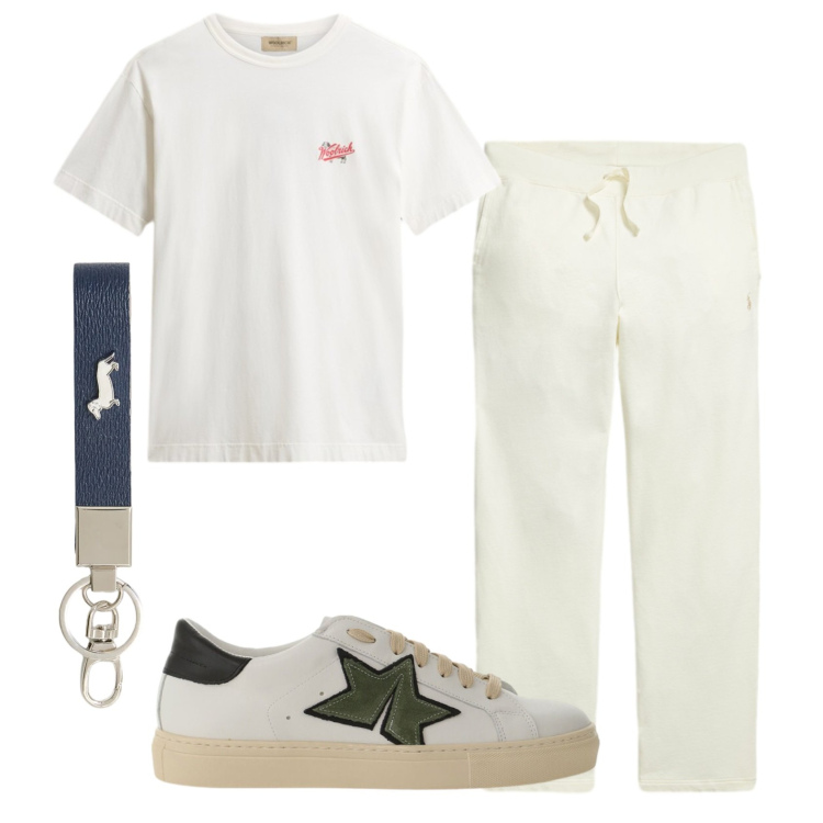 Outfit uomo - Total look #2435745. Stile Casual per Tutti i giorni. Abbinamento con portachiavi, t-shirt, pantaloni, sneakers.