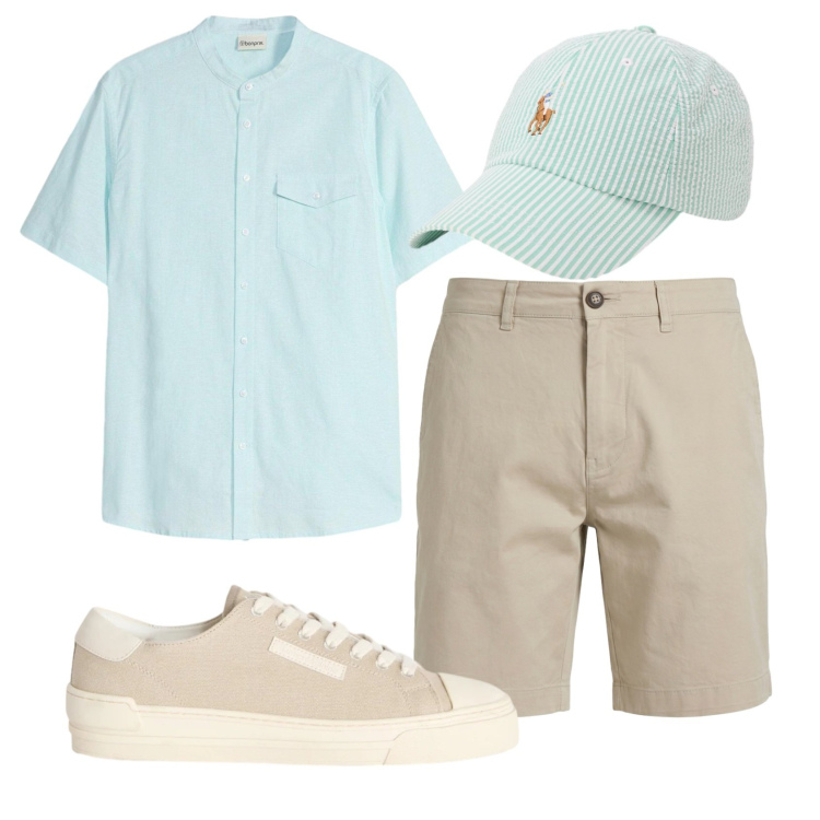 Outfit uomo - Total look #2435748. Stile Casual per Tutti i giorni. Abbinamento con camicie a manica corta, sneakers, bermuda, cappelli con visiera.