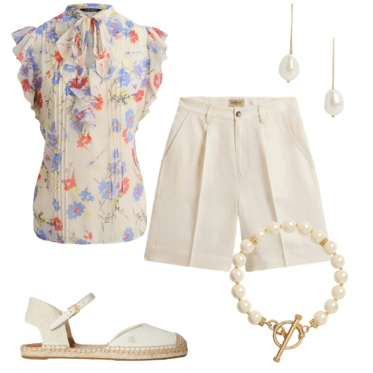 Outfit donna - Total white. Stile Bon Ton per Tutti i giorni. Abbinamento con pantaloni corti, espadrillas, collane, bluse, orecchini.